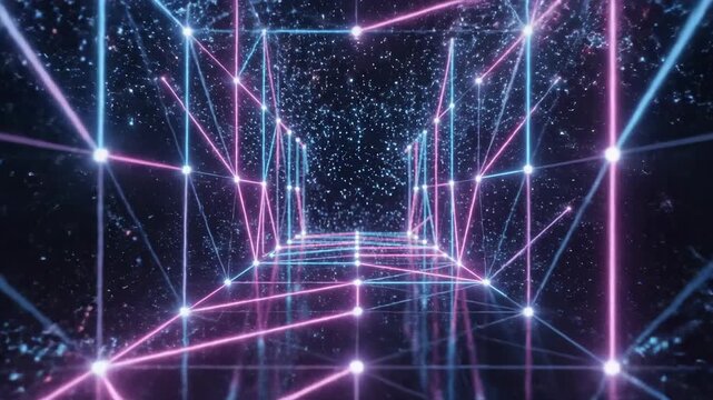 Seamless abstract loop of neon geometric lines constructing and deconstructing an infinite complex futuristic lattice structure innovation, deconstructing, structure