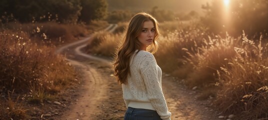 beautiful woman with long hair in a white sweater walking on a rural dirt road at sunset.