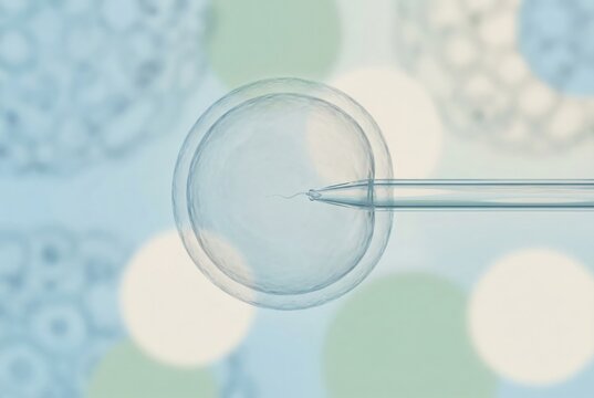 Micropipette injecting a single sperm into an egg cell during intracytoplasmic sperm injection - icsi - for in vitro fertilization - ivf - , representing assisted reproductive technology