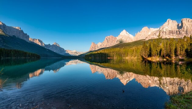 serene mountain lake reflection at dawn a picturesque panorama of steep cliffs and tranquil waters - Powered by Adobe
