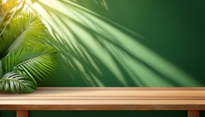 serene wooden shelf against a lush green wall with tropical foliage and sunlight shadows
