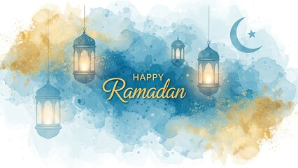 Elegant watercolor illustration featuring illuminated lanterns and a crescent moon, reflecting a period of serene spiritual observance and joyous community festivity