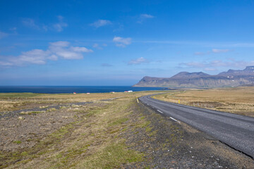 Road 54, Sn&aelig;fellsnesvegur runs along the northern coast of the Sn&aelig;fellsnes Peninsula, following its coastal landscape, West Iceland