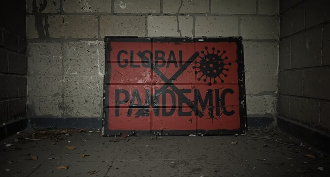 global pandemic warning sign on a weathered brick wall with a virus icon, depicting health crisis and societal impact.