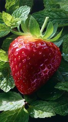 A close-up shot of a ripe, red strawberry surrounded by fresh green mint leaves. The strawberry is glistening with water droplets, and the lighting is natural.