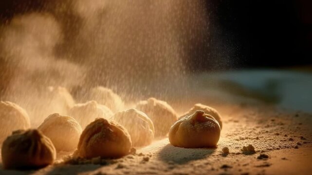 Row of small dough balls on a floured surface with steam rising, fresh bread rolls baking.