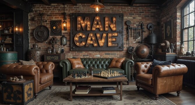 cozy vintage man cave interior with leather chesterfield sofas and a chess set on a rustic coffee table.