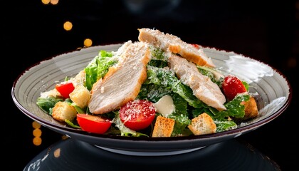 tasty chicken caesar salad featuring parmesan cheese tomatoes croutons and creamy dressing