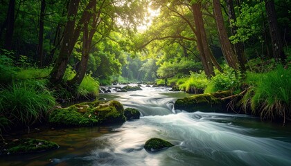A scenic view of a river flowing through a lush green forest, with sunlight filtering through the trees, creating a serene and natural environment.