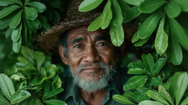 An elderly man with a gray beard and a straw hat peeks through dense green foliage.