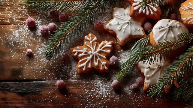 Christmas  rustic wooden tabletop lies fresh pine branches with natural texture; finished golden-brown cookies decorated with smooth white sugar icing - Powered by Adobe