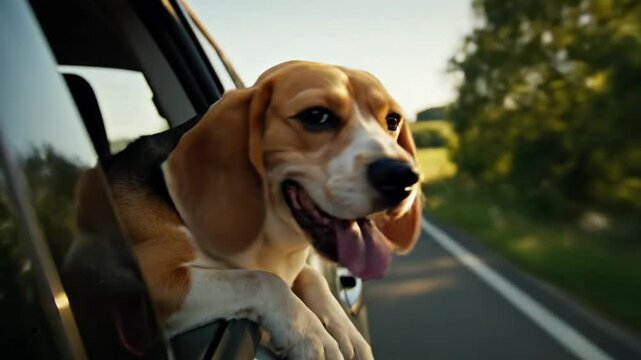A Beagle with head out the car window on a road trip, enjoying the wind