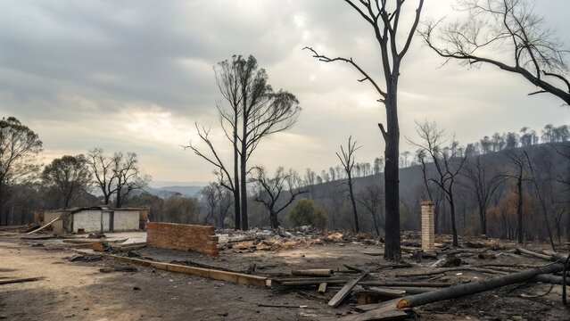 Aftermath of a devastating wildfire showing destroyed homes and charred trees under a cloudy sky creating a scene of loss and environmental damage - Powered by Adobe