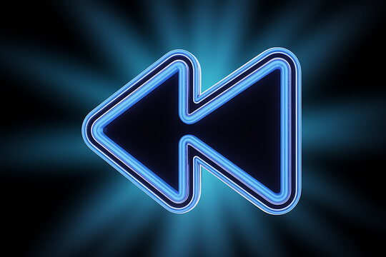 Illuminated blue rewind symbol with radiant light rays on a dark background representing media playback control and navigation
