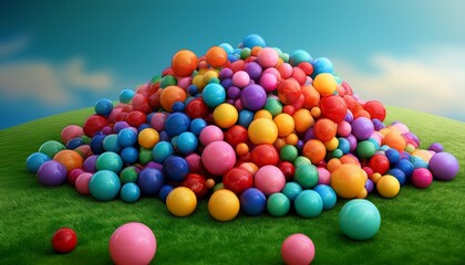 vibrant multicolored spheres cascade and accumulate forming a colorful delightful heap on a verdant surface