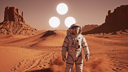 Astronaut in a dusty white spacesuit stands on a red desert planet surface with mesas and three bright suns in the sky - Powered by Adobe