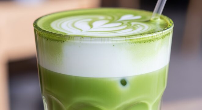 Close-up shot of a refreshing matcha latte with artistic foam art and ice.