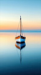 A small sailboat is reflected in the calm water at sunset. The sky is a gradient of colors.