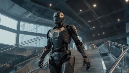 Fototapeta premium Futuristic Robot Standing on Stairs in Modern Building.