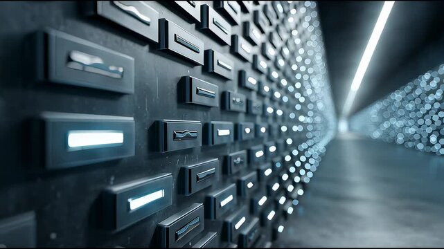 Futuristic Sci-Fi Corridor with Rows of Glowing Blue Data Modules on Wall and Cinematic Bokeh Perspective for Technology Background.