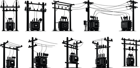 Vector illustration of ten utility pole transformer setups—electrical infrastructure reference for power distribution, engineering, planning, education, and system design