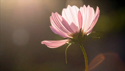 Close-up of a delicate pink cosmos flower, backlit by sunlight, creating a soft and ethereal glow.