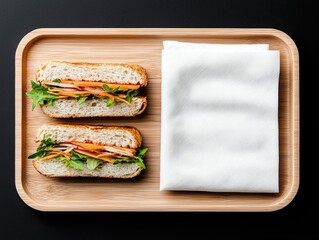 Overhead shot of two sandwiches with fresh vegetables, served on a wooden tray with a folded white napkin. The background is black.
