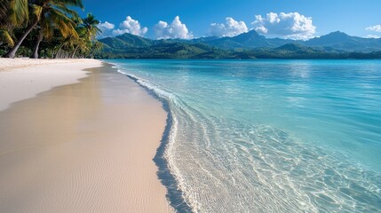 A beautiful tropical beach with white sand, palm trees, and clear turquoise water. Mountains are visible in the background under a blue sky with fluffy white cl