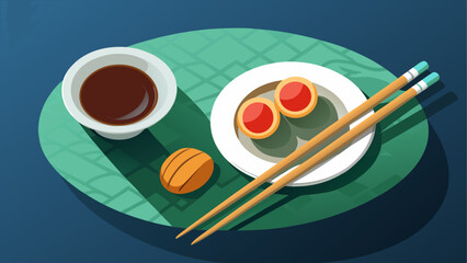 White ceramic plate with wooden chopsticks and a small bowl of soy sauce, arranged neatly on a clean minimalist surface. Top-view Asian dining setup for food styling or restaurant branding