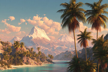 Tropical island paradise with snow capped mountains in the distance