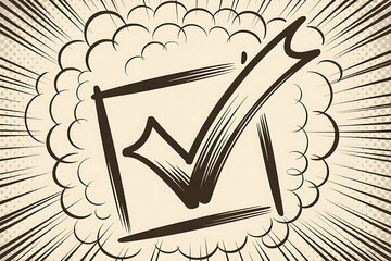 Bold hand drawn check mark inside a square box with radial burst effect in a vintage comic book style