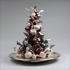 A studio shot of a unique sculptural arrangement of fruit, including apples, on a silver platter, with a soft, diffused lighting.