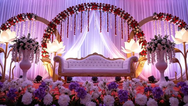 Luxurious wedding stage decoration setup with white sofa, red and white floral arch, and illuminated lotus lamps