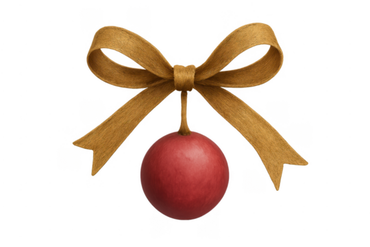 Golden bow holding red christmas bauble decoration