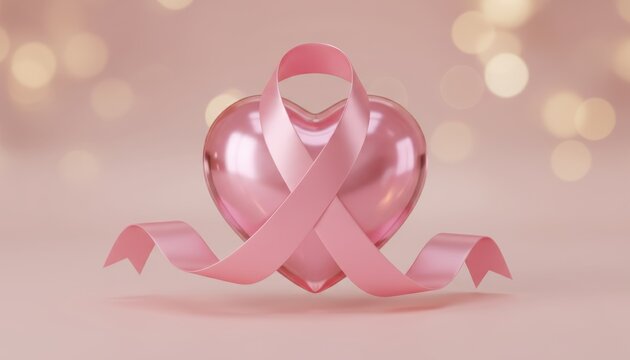 A pink ribbon, symbolizing breast cancer awareness, is wrapped around a heart shape.