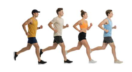 Dynamic group of runners in active motion, isolated on a transparent background conveying