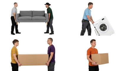 Men transporting furniture and domestic appliances during home relocation with isolated background