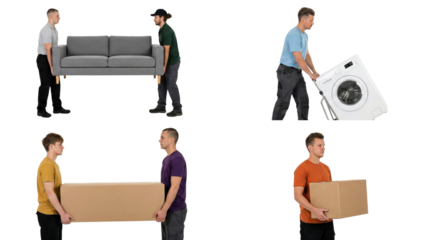 Men transporting furniture and domestic appliances during home relocation with isolated background
