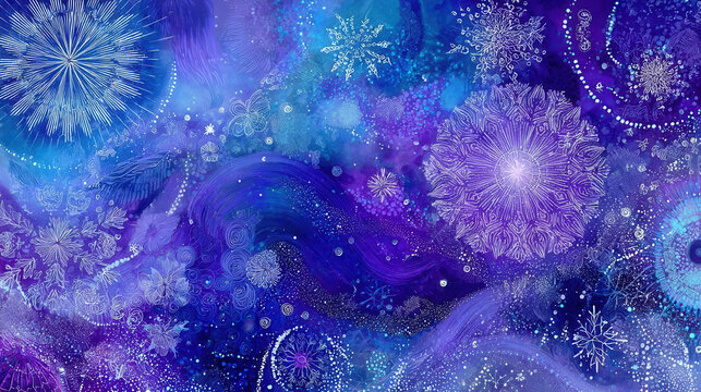 Vibrant abstract winter-themed background with swirling blue and purple hues, intricate snowflake patterns, glowing highlights, and dreamy frosty textures creating a magical seasonal atmosphere.