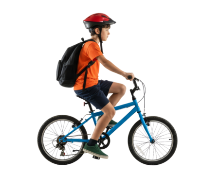 Enthusiastic young student on blue bike with backpack and helmet isolated transparent background
