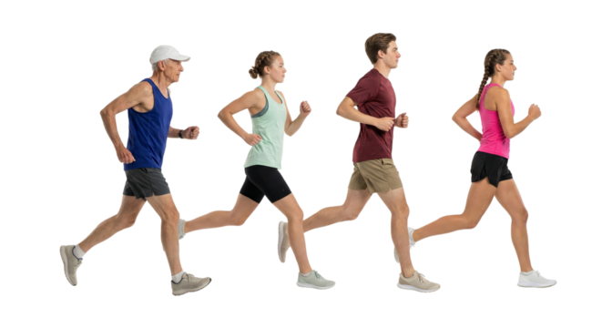 Diverse group of runners on an isolated background showcasing fitness and vitality