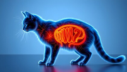 cat digestive tract glowing with inflamed intestines, visualizing feline ibd in neon orange against cool blue anatomy.