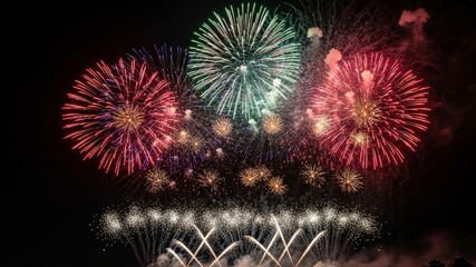 Vivid fireworks display explodes in the night sky, showcasing vibrant colors and patterns.