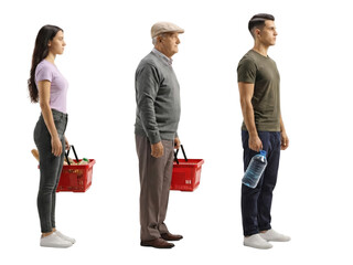 Generational Queue Three Individuals Demonstrating Social Distancing in Public Area, Isolated