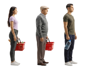 Generational Queue Three Individuals Demonstrating Social Distancing in Public Area, Isolated