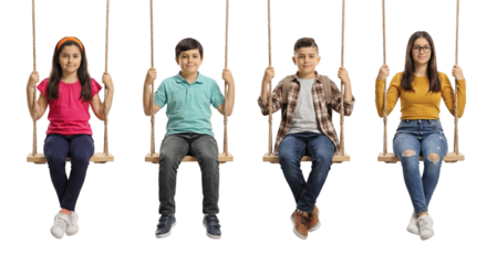A delightful group of children soaring high on swings, suspended on an isolated transparent setting