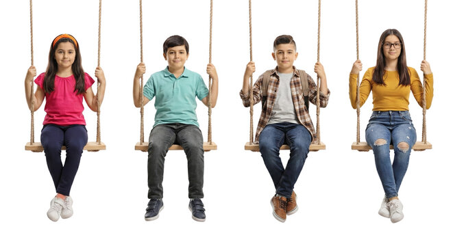 A delightful group of children soaring high on swings, suspended on an isolated transparent setting