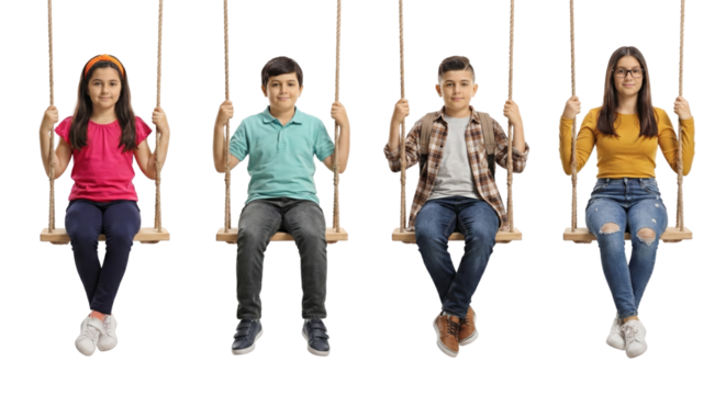 A delightful group of children soaring high on swings, suspended on an isolated transparent setting