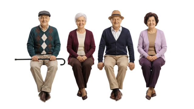 Four elderly people sitting together, radiating warmth and contentment in their mature years