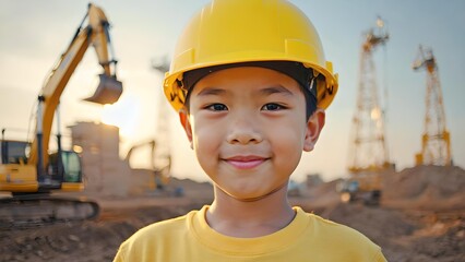 Young boy in yellow hard hat smiling confidently on active excavation site
